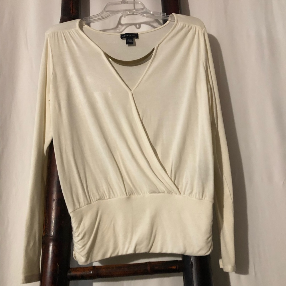 Cream Wrap Blouse with Long Sleeves and V-Neck
